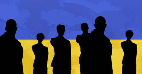 Poster - Silhouette of group of people pointing towards a direction against ukraine flag background