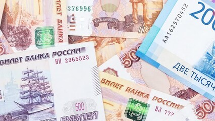 Wall Mural - 5000 russian rubles bills lies in big pile. Rich life conceptual background. Big amount of money