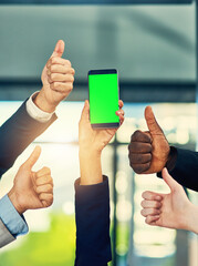 Leinwandbilder - This business apps got our vote. Cropped shot of a group of businesspeople giving thumbs up and holding a mobile phone in a modern office.