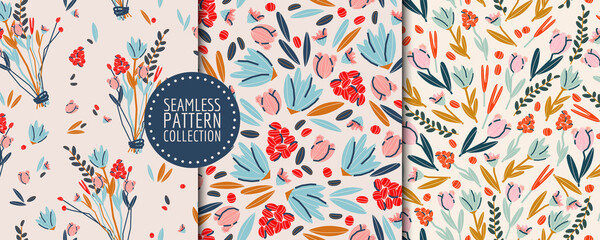 Set with cute botanical seamless patterns with flowers and plants. Vector backgrounds, prints, design