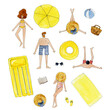 watercolor people on beach illustration clipart, summer beach items clip art