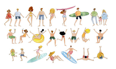 Canvas Print - watercolor people on beach illustration clipart