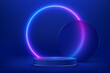 Abstract shiny blue cylinder pedestal podium. Sci-fi blue abstract room with circle glowing neon lamp lighting. Vector rendering 3d shape, Product display mockup. Futuristic scene. Stage for showcase.