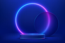 Abstract Shiny Blue Cylinder Pedestal Podium. Sci-fi Blue Abstract Room With Circle Glowing Neon Lamp Lighting. Vector Rendering 3d Shape, Product Display Mockup. Futuristic Scene. Stage For Showcase.