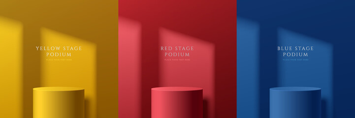 Wall Mural - Set of realistic colorful abstract 3D room with yellow, dark blue and red stand or podium. Vector rendering geometric forms. Minimal wall scene with shadow overlay. Stage showcase, Product display.