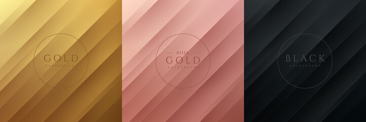 Wall Mural - Set of gold, black and pink gold abstract background with dynamic diagonal stripes lines and shadow. Luxury and elegant concept. Modern and simple template banner collection design. EPS10 vector