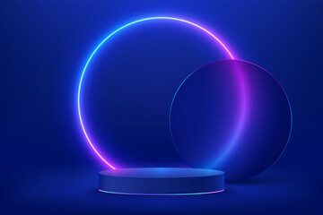 abstract shiny blue cylinder pedestal podium. sci-fi blue abstract room with circle glowing neon lam