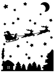 Wall Mural - Santa Claus carries Christmas gifts on reindeer. Black silhouette. Design element. Vector illustration isolated on white background. Template for books, stickers, posters, cards, clothes.
