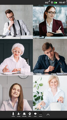 Wall Mural - Online meeting. Mobile video chat. Professional teleconference. Collage of different age business team working on project in virtual office on phone screen.