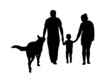 Family silhouette isolated on white background. Father,mother, baby and dog walking together. Back view. Vector illustration