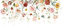 Border For Wallpaper, Watercolor Pink And Red Flowers, Garden Roses, Peonies. Collection Leaves, Branches. Botanic Illustration Isolated On White Background.