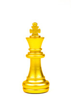Gold King Chess Figure Isolated On White Background. Chess Is A Game Of War To Fight With Strategy Between Two Players.