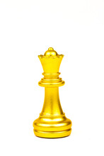 Gold Queen Chess Figure Isolated On White Background. Chess Is A Game Of War To Fight With Strategy Between Two Players.