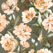 © lisima - seamless floral watercolor pattern with garden pink flowers roses, peonies, leaves, branches. Botanic tile, background.