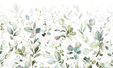Fototapeta  - Set watercolor arrangements with garden herbs. Seamless border. Collection leaves, branches. Botanic illustration isolated on white background.