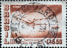 Brazil - Circa 1956: A Postage Stamp From Brazil, Showing The Antique Santos-Dumont's 1906 Biplane "14 Bis" .