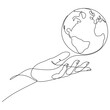 Continuous line drawing of human hand holding world planet earth. Minimal style vector illustration.