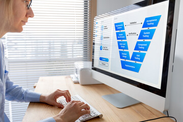 V-Model system development lifecycle methodology used for project management and software development process from design, implementation to integration and test phase. Engineer working on computer.