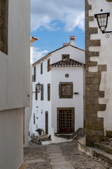 Poster - vertical view of a cobblestone street and historic whitewashed houses in the old city center of Marvao