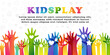 © IlayaStudio - Colorful children hands up.  Kids creative rainbow vector illustration.