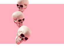 Three Skulls Dropping Against The Light Pink Background. Surreal Life Passing Concept.