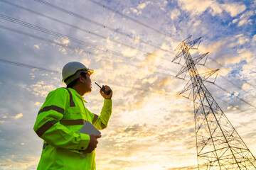 Wall Mural - asian engineer use radio checks at a power station for planning work by generating electricity from 