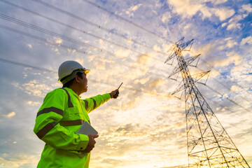 Wall Mural - asian engineer checks at a power station for planning work by generating electricity from a high-vol