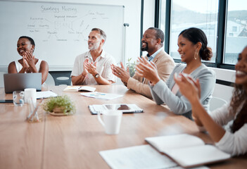 Poster - Thank you for your presentation. Shot of a group of businessmen and women applauding during a meeting.