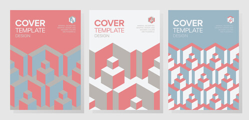 Wall Mural - Set of trendy abstract isometric 3d optical illusion geometric shapes cover design. 