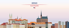 Brno cityscape on sunset sky background vector illustration with country and city name and with flag of Czech Republic