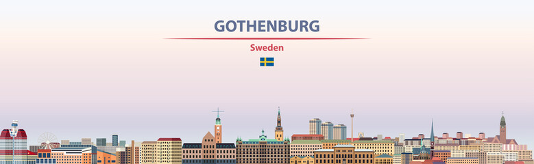 Fototapete - Gothenburg cityscape on sunset sky background vector illustration with country and city name and with flag of Sweden