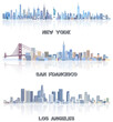 vector collection of United States cityscapes:New York, San Francisco, Los Angeles skylines in tints of blue color palette. Crystal aesthetics style