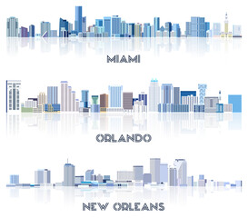 Fototapete - vector collection of United States cityscapes: Miami, Orlando, New Orleans skylines in tints of blue color palette. Сrystal aesthetics style