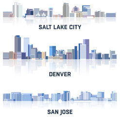 Fototapete - vector collection of United States cityscapes: Salt Lake City, Denver, San Jose skylines in tints of blue color palette. Сrystal aesthetics style