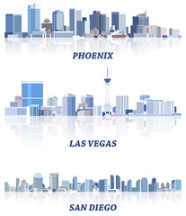 Fototapete - vector collection of United States cityscapes: Phoenix, Las Vegas, San Diego skylines in tints of blue color palette. Сrystal aesthetics style