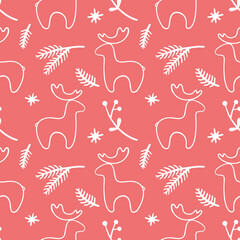 Wall Mural - Seamless vector Christmas pattern, hand-drawn, fir branches, berries and deer