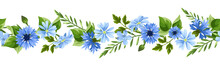 Horizontal Seamless Border With Blue Flowers And Green Leaves. Vector Floral Garland