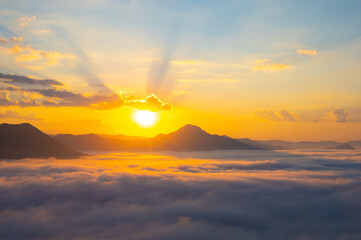 Landscape view on mountain with misty in morning at view point of Phu Thok hill at Chiang Khan Loei province, Thailand