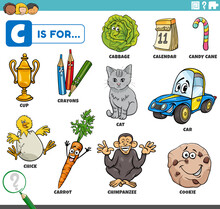 Letter C Words Educational Set With Cartoon Characters