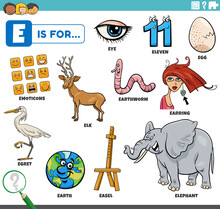 Letter E Words Educational Set With Cartoon Characters