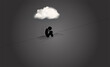 Sad stick person sitting under cloud above head, in dark place concept of sadness, sad Joe, copy space