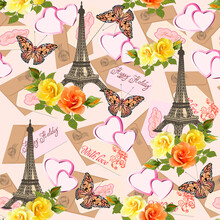 Collage With Roses And Eiffel Tower.Colorful Vector Seamless Pattern With Eiffel Tower, Roses And Butterflies.