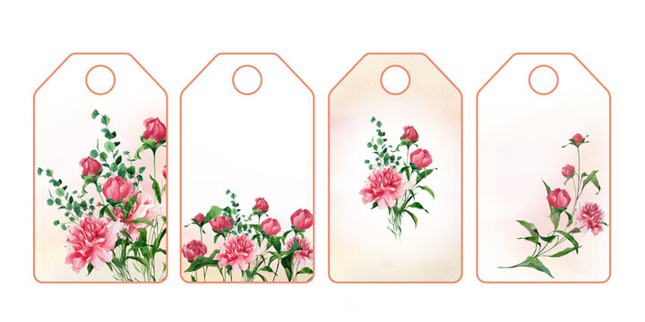 Set of design of labels with flowers of peonies, bouquets. Watercolor templates with bright illustration for card, romantic events, design of flower shop. 