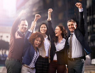 Aufkleber - Oh yeah. Shot of a group of excited businesspeople in the city.