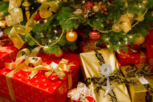 Close-up Of Christmas Presents In Front Of A Christmas Tree