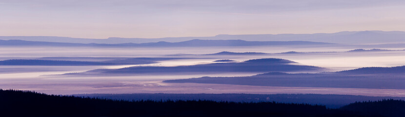 Silhouette of trees with a mountain range in the background, Crater Lake National Park, Oregon, USA