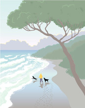 Rear View Of A Person Throwing Stick For Two Dogs On The Beach