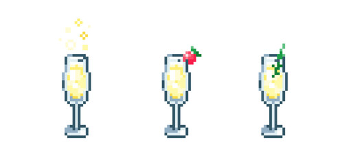 Poster - Set of Pixel art Champagne set. Retro 90s gaming 8 bit icon of pixel mosaic glass of Champagne cocktail drink. Vector pixel classic party beverage for game and stickers.