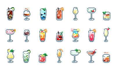 Wall Mural - Pixel art cocktails collection - vodka, whisky, martini, mojito, Pina Colada, Margarita, wine, manhattan, Cuba Libre, Bloody Mary, Singapore Sling, Tequilla Sunrise. 8 bit vector icons set for games.