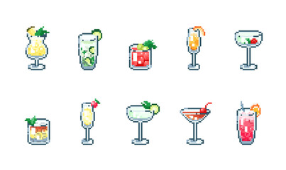 Poster - Set of classic  pixel art alcohol cocktails isolated on white background. 8 bit vector gaming assets collection.